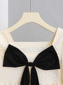 Tween Girl 休闲优雅可爱韩版泡泡袖蝴蝶结撞色黑白衬衫 - 黑與白 - 查看 5