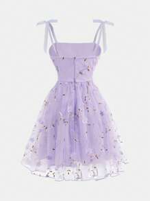 SHEIN Girlism Tween Girl Elegant & Fashionable 3D Flower Net Overlay Spaghetti Strap Dress - Mauve Purple - View 2