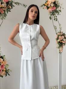 Firerie 女士优雅工作办公室婚礼简约纯色通勤 OL 上衣和高腰 A 字长裙 2 件套，白色裙子套装，婚礼套装，演唱会服装，商务休闲女装，优雅不对称下摆露肩上衣搭配百褶裙套装，简约白色背心和百褶裙 2 件套，适合派对、音乐节、毕业季、度假、优雅、教师节、商务休闲女装 - 白色 - 查看 2