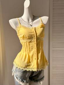 Comfortcana 黄色编织女式撞色蕾丝吊带背心衬衫 - 黃色 - 查看 7