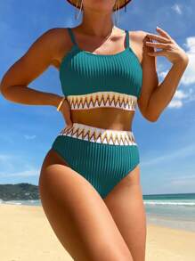 Swim Vcay 2 件套撞色松紧带吊带分体比基尼泳装