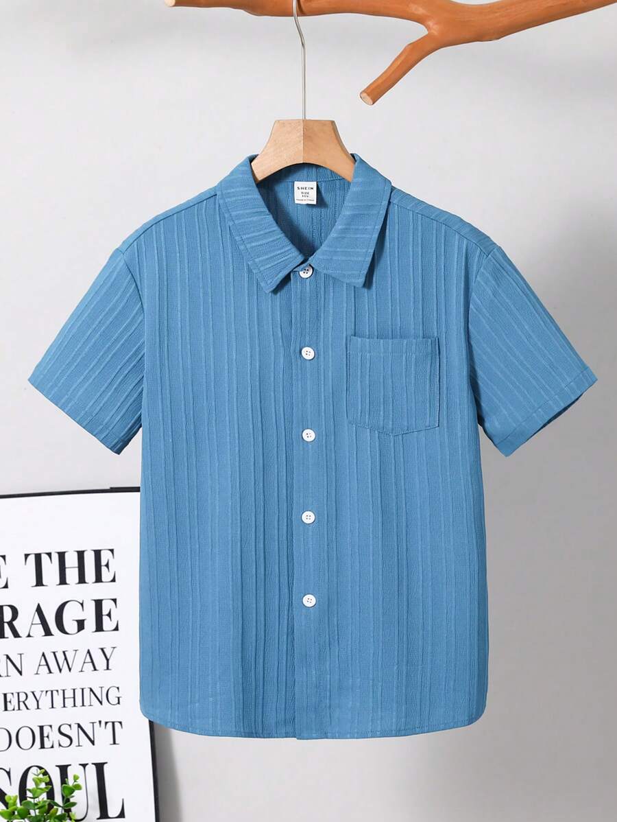 SHEIN Tween Boy Casual Solid Color Turndown Collar Short Sleeve Shirt - Blue - View 1