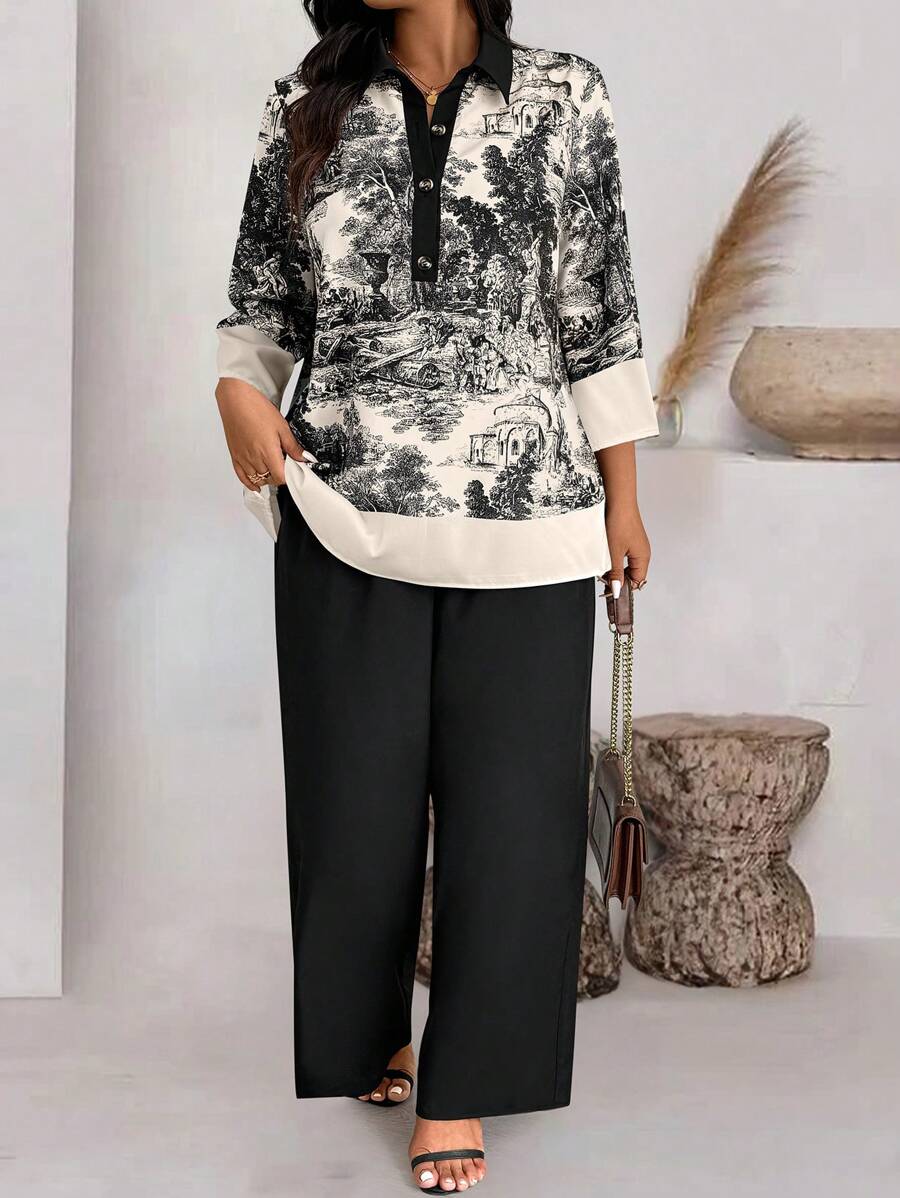 SHEIN LUNE Plus Size Random Print Elegant Long Sleeve Top And Solid Color Long Pants 2 Pieces Set - Multicolor - View 1