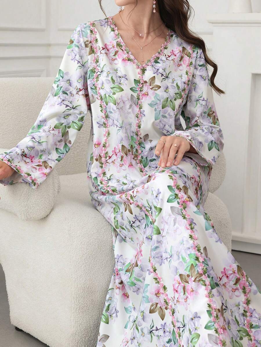 Al Najma 2025春夏花卉印花浪漫度假风迪拜阿拉伯长裙，端庄大方 - 彩色 - 查看 1