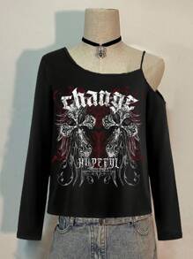 SHEIN Essnce 复古街头哥特式红色翅膀哥特式字母上帝落肩长袖女式 T 恤