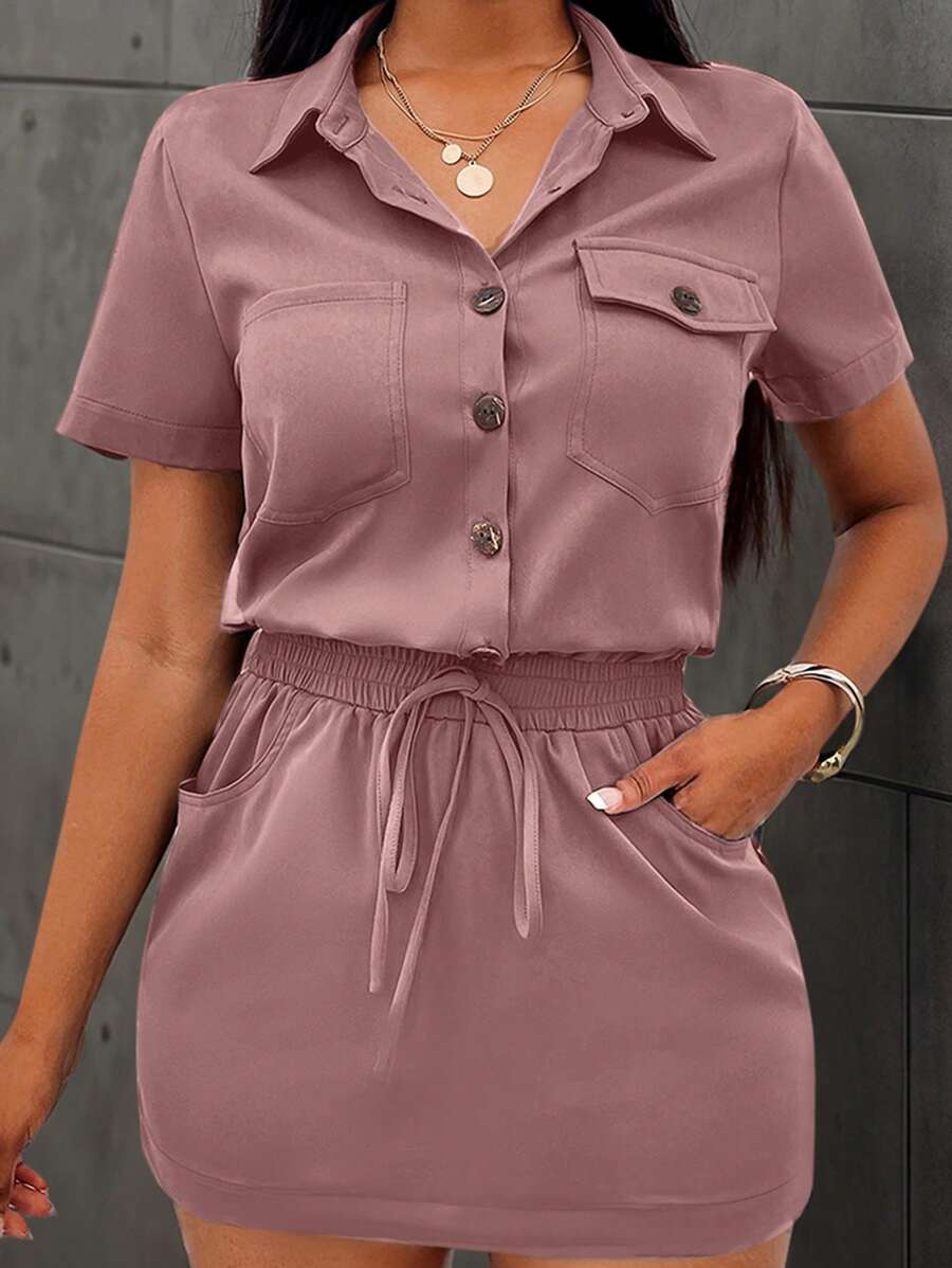 SHEIN LUNE 女式橄榄绿色实用衬衫裙，带多个口袋，短款紧身款式，夏季