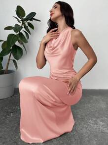 Firerie 2 件/套女式缎面高领系带衬衫和褶皱裙，适合情人节、音乐会、表演、约会、派对、婚礼、性感、优雅、工作、返校、度假、海滩、浪漫 - 藕粉色 - 查看 2