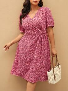 Elaquor Robe d'été pour femme grande taille, design croisé avec un col en V et imprimé floral romantique français pour les vacances - Rose orangé - Voir 3