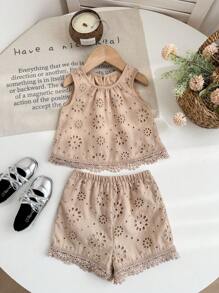 LMoss Kids LMoss Baby Girl Woven Solid Color Round Neck Regular Top And Loose Woven Long Pants 2 Pieces Set, Suitable For Spring And Summer - Khaki - View 6