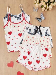 SHEIN 3pcs Set Include Heart & Bowknot Print Camisole & Shorts Pajama Set - Multicolor - View 2