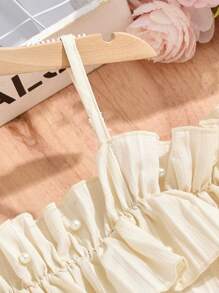 SHEIN Tween Girls' Casual Woven Ruffle Off Shoulder Adjustable Simple Dress, Spring/Summer - Apricot - View 3