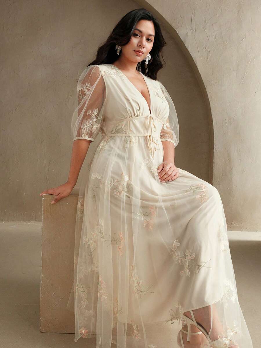 Anewsta 春夏优雅度假婚礼宾客礼服女士大码春夏网眼刺绣音乐节腰带泡泡袖连衣裙