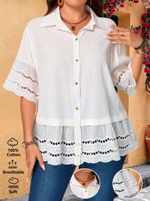 EMERY ROSE Áo cánh tay ngắn màu trơn dáng rộng cỡ lớn, thời trang cho mùa hè, phong cách Boho, mùa hè, phụ nữ nông thôn, đơn giản và thời trang để mặc hàng ngày, trang phục công sở mùa hè cho phụ nữ đi nghỉ, phụ nữ đi nghỉ, lễ hội mùa hè Boho, ngày lễ - trắng - Xem 5