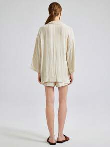 Ontre 2025 新款时尚条纹休闲西装外套，度假风格条纹 3/4 袖缺口领单排扣女士薄西装外套，春夏 - 杏色 - 查看 5