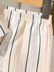 Set de 2 piezas de camisa de manga corta con cuello a rayas y pantalones cortos casuales para vacaciones para bebés niños, adecuado para ropa de verano de niño - Albaricoque - Ver 6