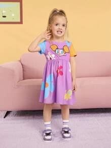 Dexter's Laboratory X SHEIN Váy in họa tiết hoa và hoạt hình dễ thương phong cách thường ngày cho bé gái màu tím, phù hợp cho mùa xuân và mùa hè - Màu tím hoa cà - Xem 6