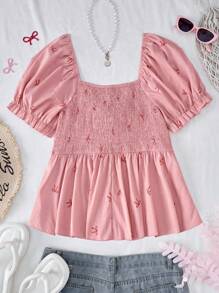 Flirla SunnyBelle 大码度假粉色圆领可爱浪漫日常休闲度假多功能灯笼袖蝴蝶结装饰胸前系带印花衬衫，复活节女毕业春夏外出上衣 - 粉色 - 查看 2