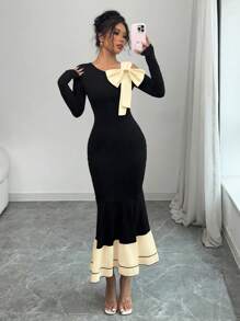 Elenzga Women Contrast Color Bowknot Long Sleeve Dress - Yellow - View 5