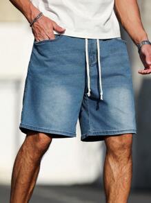 Manfinity Homme Plus Size Men's Summer Casual Washed Drawstring Waist Loose Denim Shorts