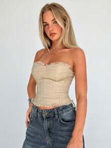 Aloruh 女士性感鱼骨毛边裹身露背吊带背心（酒红色） - 卡其色 - 查看 4