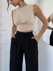 Firerie Women Elegant Minimalist Delicate Sexy Romantic Commuting Music Festival Valentine's Party Date Backless Sleeveless Shirt - Khaki - View 6