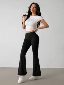 SHEIN PETITE 女式简约纯色宽腰喇叭裤 - 黑色 - 查看 5