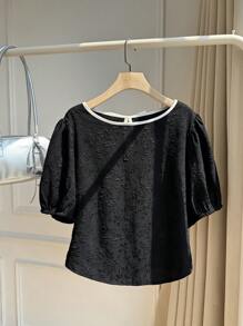 SHEIN Privé Plus Size Women's Elegant Puff Sleeve Backless Black Bow Dress, Suitable For Graduation, Renaissance Faire