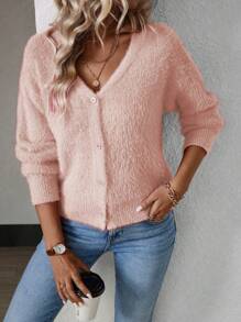 Calvaya V 领纯色前扣优雅貂皮短开衫，长袖 - 珊瑚粉 - 查看 6