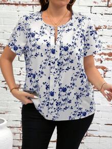 SHEIN Clasi Plus Size Floral Print V-Neck Short Sleeve Elegant Summer Shirt