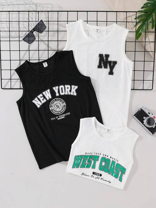 3pcs Tween Boy Casual All-Match Vest Set, Soft & Comfy, Versatile Letter Graphic Print, Suitable For Spring/Summer, Suitable For Daily Wear, Outdoor Playing, School, Street Style, Party And Leisure