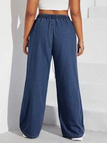 SHEIN EZwear Plus Size Casual Daily Slant Pocket Drawstring Waist Denim Jeans - Dark Wash - View 2