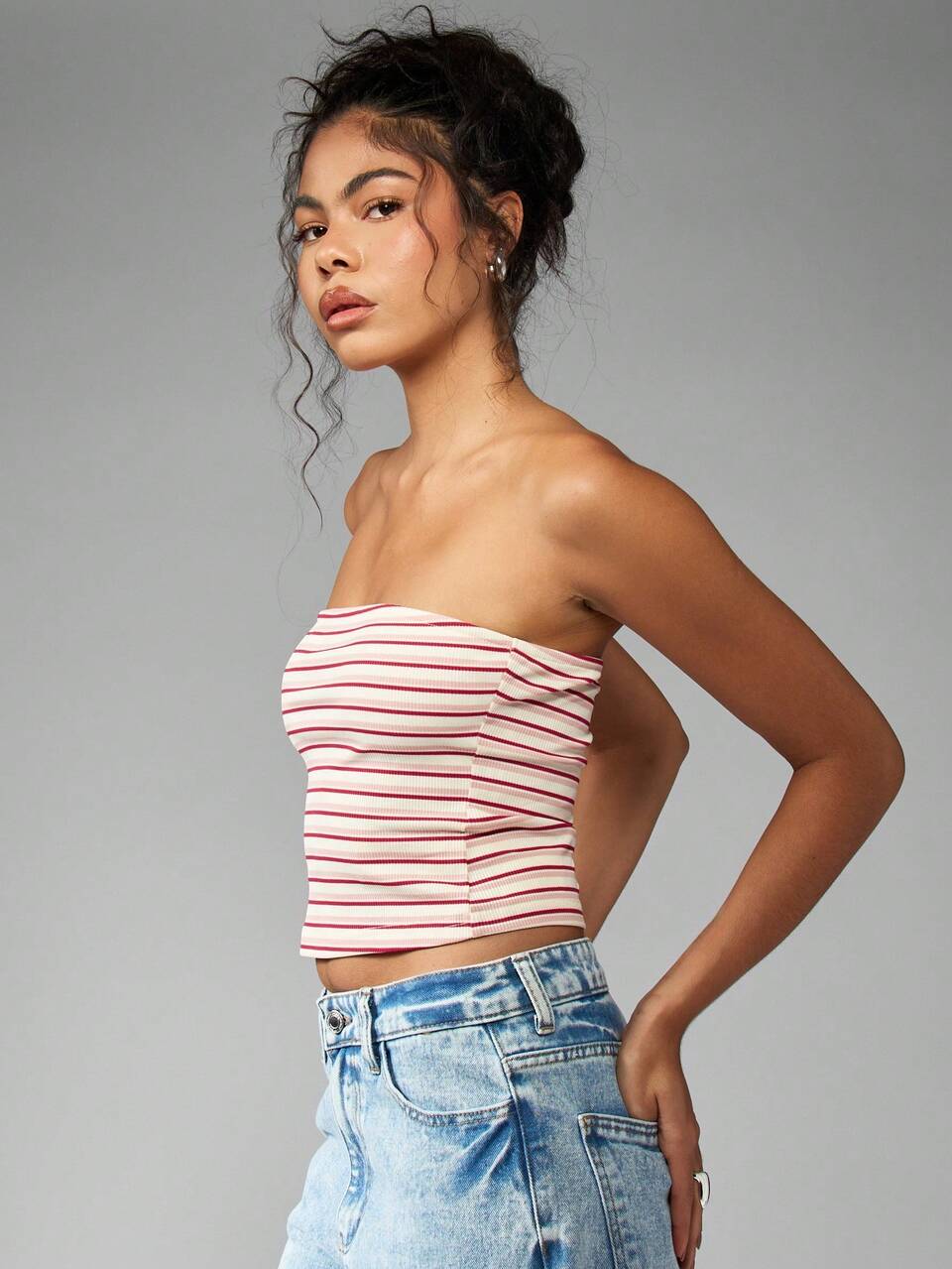 MISSGUIDED Striped Ribbed Bandeau Strapless Crop Tube Top