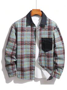 Manfinity Homme Men Plaid Denim Long Sleeve Jacket, Fashion Suitable For Summer, Fall - Multicolor - View 1