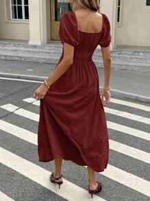 SHEIN Frenchy 纯色女式长裙，短袖圆领，简约实用百搭 - 紅木色 - 查看 2
