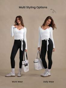 Easify SHEIN Sport Women's Casual Sports Tie-Up Long Sleeve T-Shirt, Lightweight Textured Design, Versatile For All Seasons