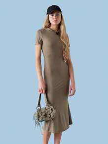 COUREZ Short Sleeve Hoodie Midi Dress Y2K Vintage - Dark Grey - View 4