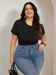 SHEIN Tall CURVE Plus Size Women Round Neck Short Sleeve Casual Bodysuit - Black - View 5