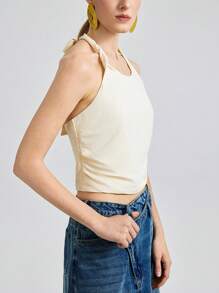 Ontre 2025 New Asymmetrical Twist Design Women Tank Top, Halter Neck Style, Linen Fabric Tie-Up Halter Top, Resort Vacation Wear, Beige Spring - White - View 5