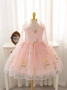 SHEIN Glamorique Kids Vestido de dama de honor, fiesta de cumpleaños, boda, festival - Vestido para niñas con tirantes, malla rosa, lazo delantero, bordado de malla, falda abullonada. Perfecto para actuaciones en el escenario, asistir a fiestas o eventos especiales, y tomar fotos artísticas para verse natural y hermoso. Para uso habitual en las cuatro estaciones.