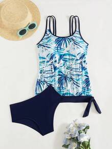 Swim Lushoire Ladies' 2 Pieces Casual Beach Swimwear Set, Multicolor Random Printed Swimwear Top And Solid Color Pants For Summer Beach Vacation - Blue - View 7