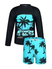 SHEIN Conjunto de traje de baño para niño preadolescente con top de manga larga tipo camiseta rashguard con estampado de palmeras y shorts de natación. Adecuado para usar en la piscina o en la playa.