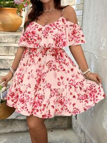 SHEIN VCAY Plus Size Bloemenprint Strappy Open Schouder Korte Mouw Jurk, Voor Vakantie