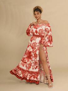 Travachic Plus Size Casual Resort Style Blue & White Floral & Print Off Shoulder Tie Up Ruffle Hem High Slit Dress For Women, Spring & Summer - Red - View 1