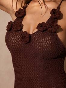 Silquee Women's Dark Brown Hollow Fish Scale Crochet Bodycon Dress,Elegant 3D Floral V-Neck Halter Dress For Autumn,Vacation,Holiday,Beach,Summer Pool Party - Chocolate Brown - View 2