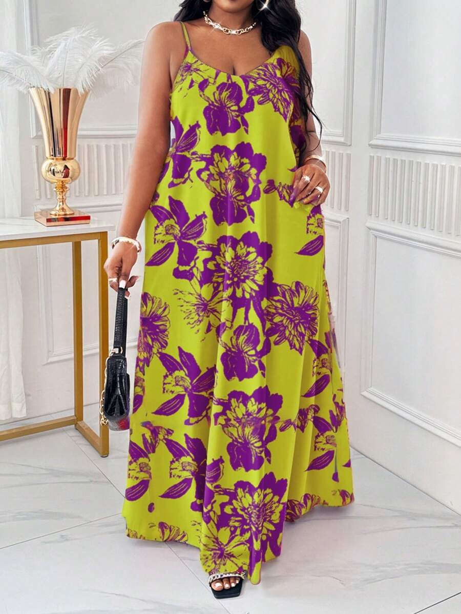 SHEIN Lady Spring And Summer Casual Beach Floral Print Cami Dress Plus Size Dresses - Green - View 1