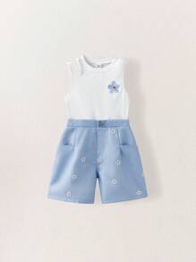 SHEIN 小女孩 2 件套：蓝色雏菊刺绣背心和配套蓝色短裤 - 彩色 - 查看 6