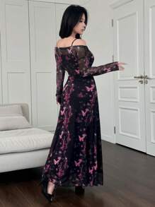 Modelyn Damen langes Mesh-Schmetterling romantisches figurbetontes Fischschwanz-Kleid - Pink - Übersicht 2