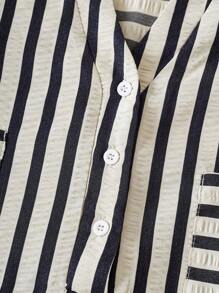 SHEIN LUNE Plus Size Women's V-Neck Button Placket Pocket Striped Shirt Summer Outfits For Women Summer Clothes Cute Summer Tops Office - Black and White - View 6