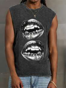 Manfinity EMRG Men's Lip Print Round Neck Casual Tank Top - Black - View 2