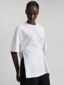 Ontre 2025 New Style Women Short Sleeve T-Shirt, Slit Design, Waist Ruched, Shell Button Decor, Casual Everyday Wear, White